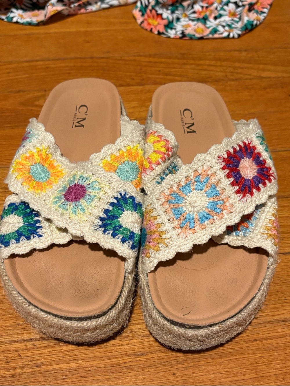 C.M. Crochet Platform Slide Sandals — Cream with Multicolor Squares